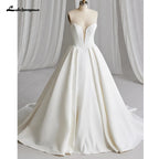Customized Off Shoulder Crepe Satin A Line Floor Length Wedding Dress