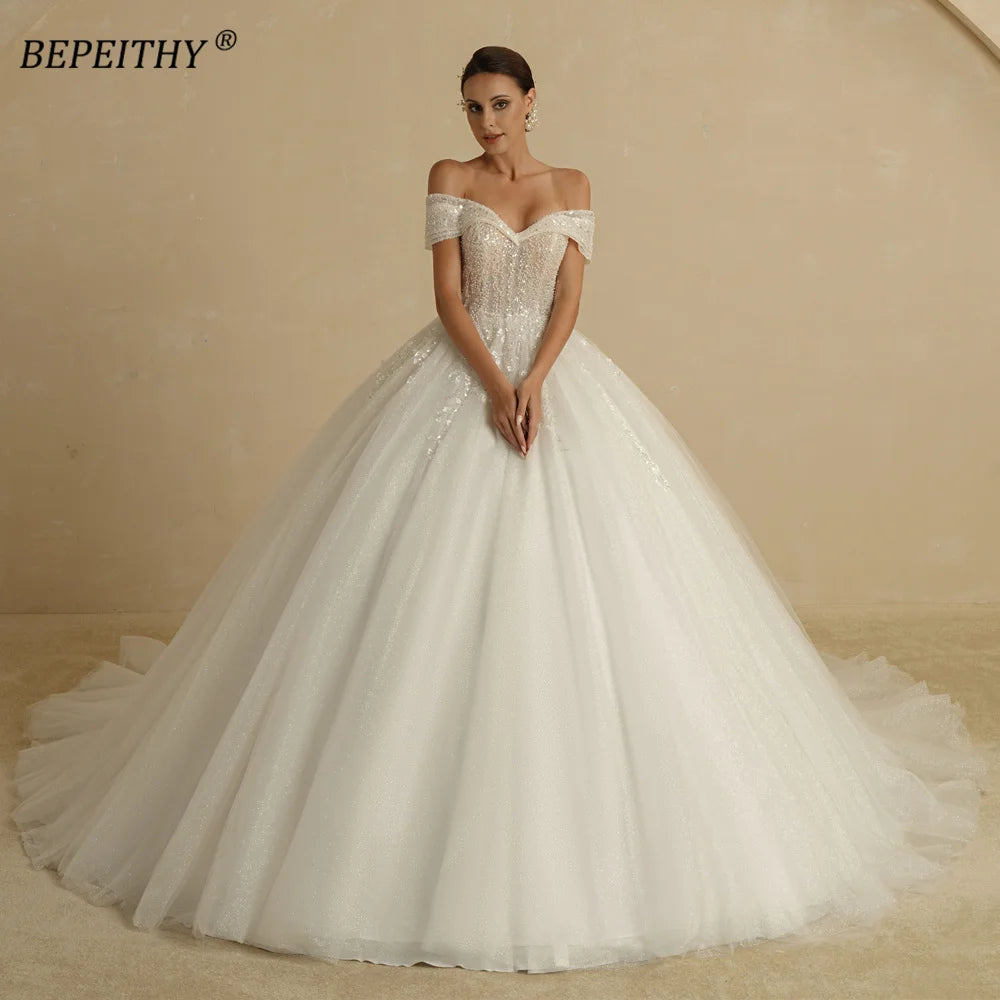 Customized Plus Size Off Shoulder Glitter Princess Ball Wedding Dress