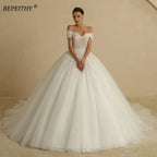 Customized Plus Size Off Shoulder Glitter Princess Ball Wedding Dress