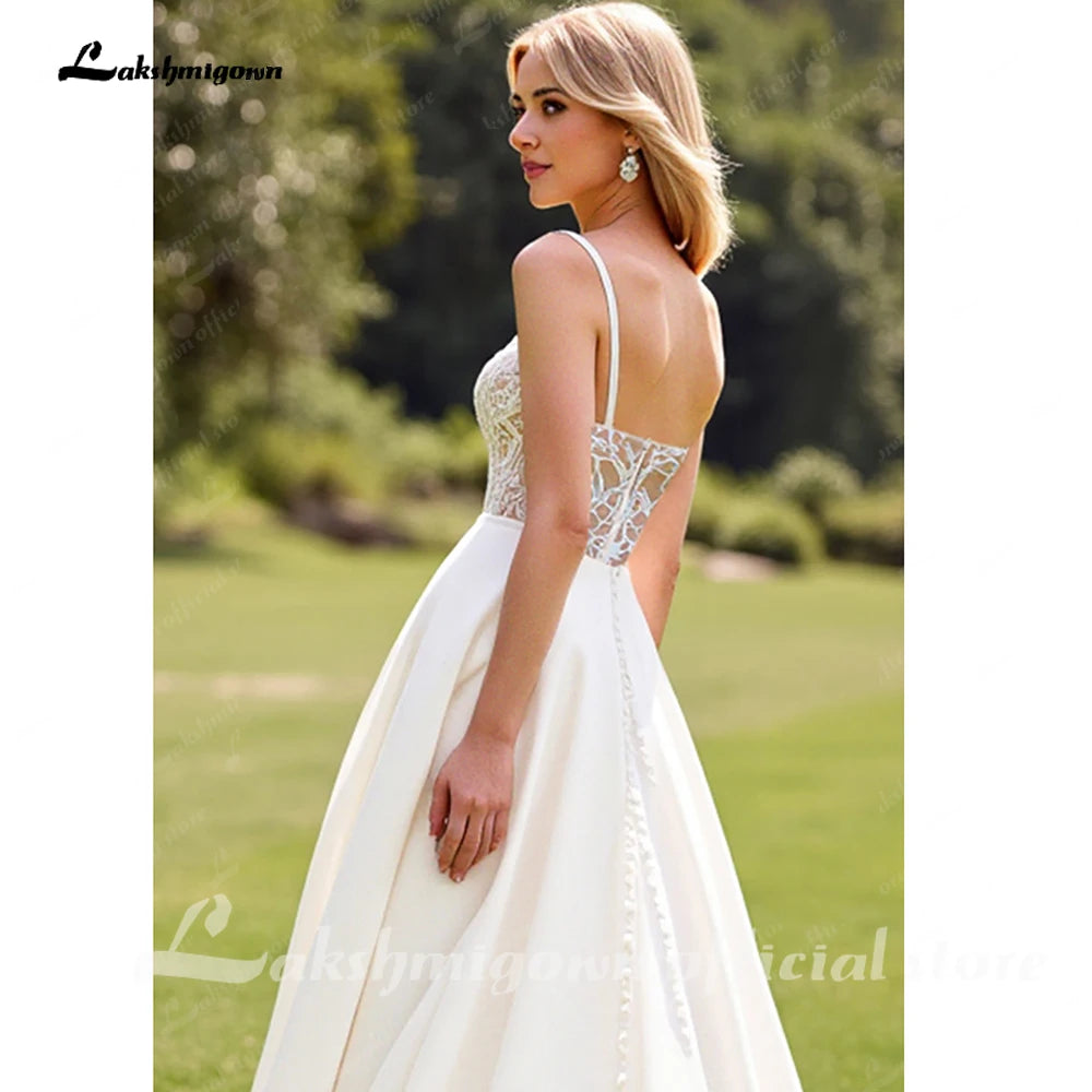 Custom Ivory Lace A Line Spaghetti Strap Crepe Satin Garden Wedding Dress