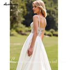 Custom Ivory Lace A Line Spaghetti Strap Crepe Satin Garden Wedding Dress
