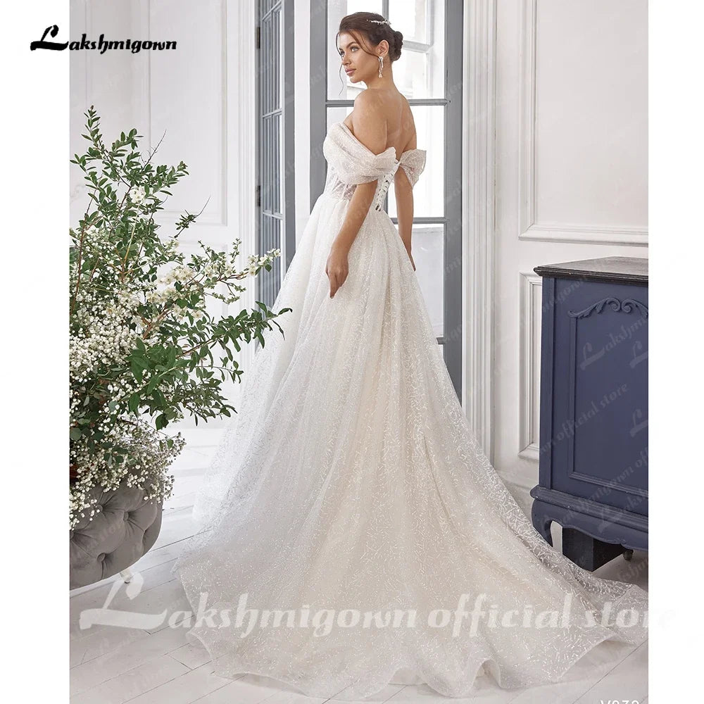 Customized Luxury Boat Neck Wedding Dress Bohemian Floor Length Gown