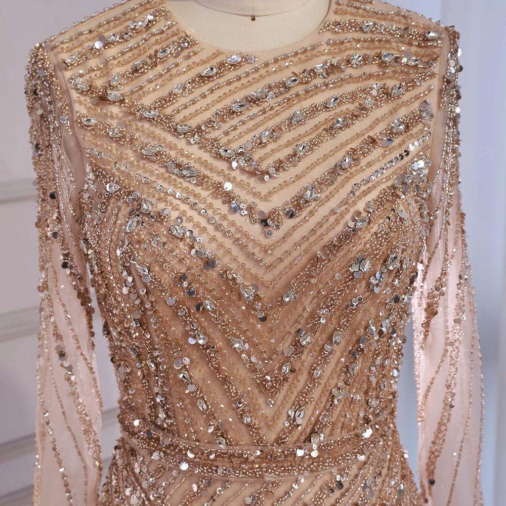 Custom Nude Crew Neck Beaded A Line Evening Dress For Women