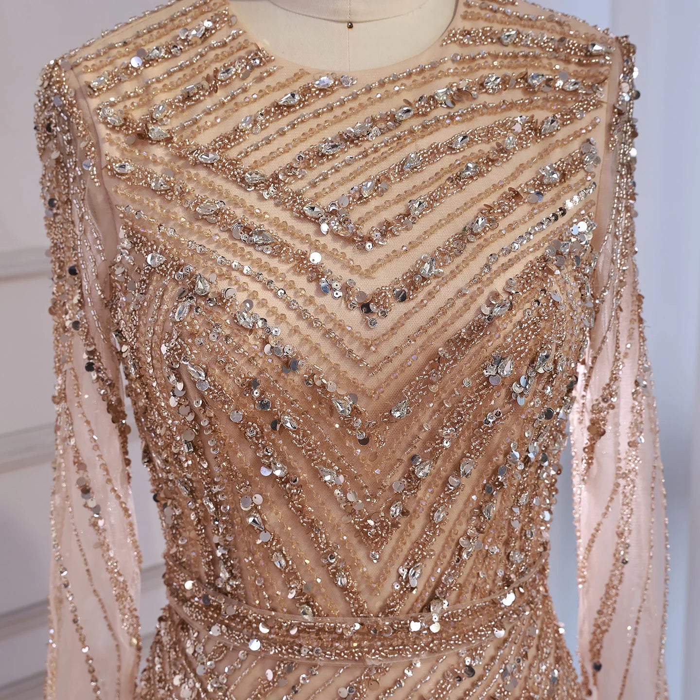 Custom Nude Crew Neck Beaded A Line Evening Dress For Women