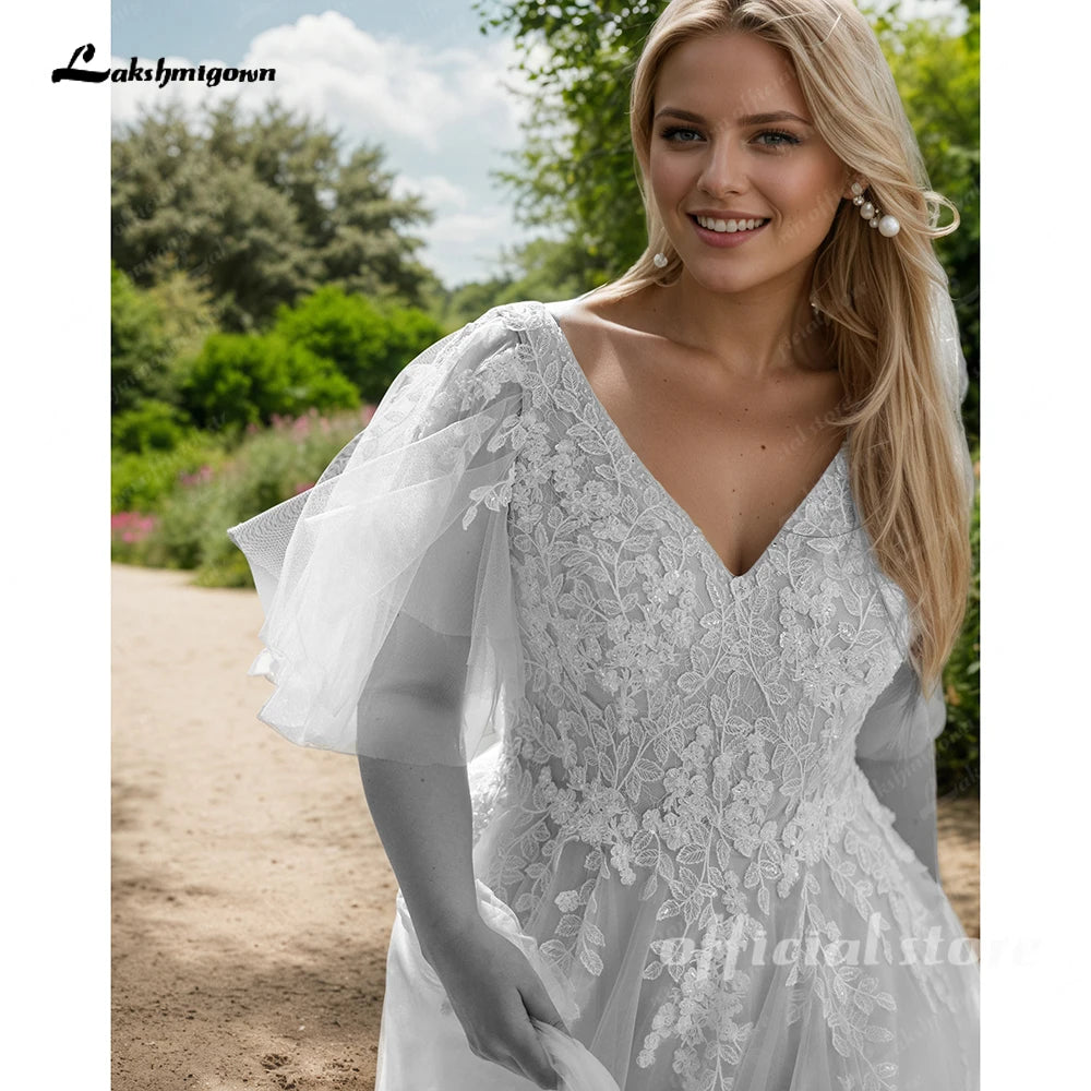 Lakshmigown Custom Plus Size Champagne Lace V Neck Wedding Gown