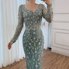 Serene Hill Turquoise Beaded Mermaid Long Sleeve Evening Gown