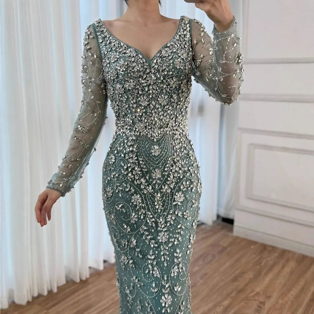 Serene Hill Turquoise Beaded Mermaid Long Sleeve Evening Gown