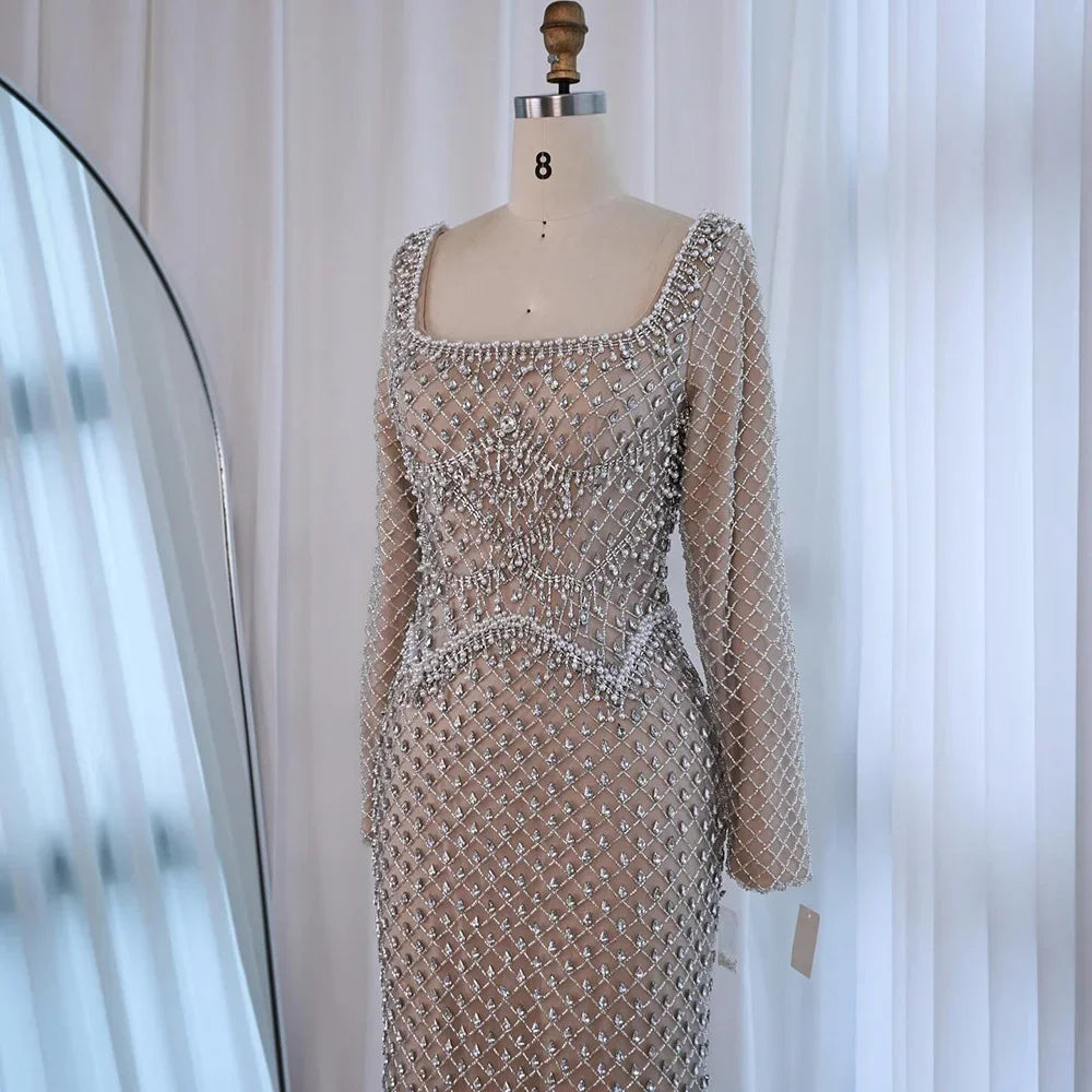 Elegant Beaded Pearl Mermaid Wedding Evening Dress With Long Sleeves