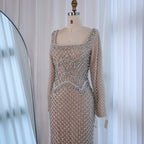 Elegant Beaded Pearl Mermaid Wedding Evening Dress With Long Sleeves