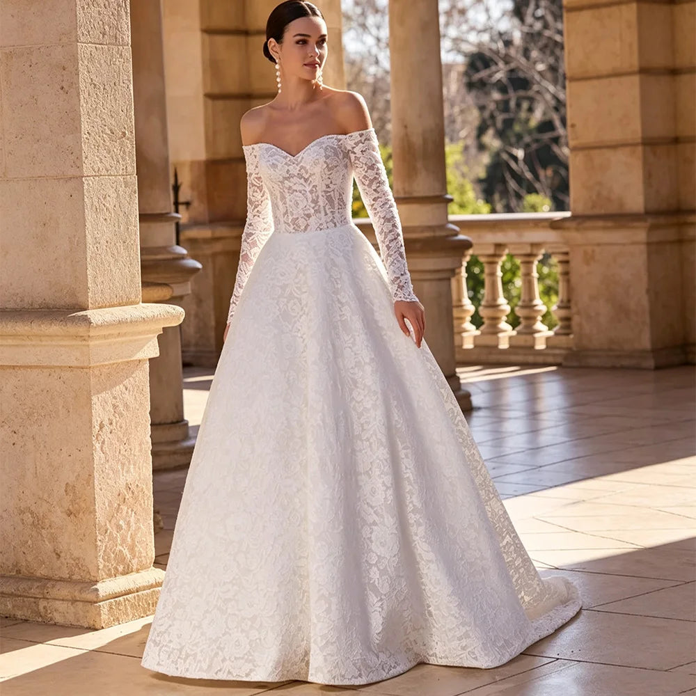 Custom Lace Wedding Dress Long Sleeve Sweetheart Beaded Sweep Train Gown