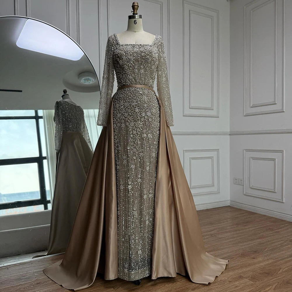 Serene Hill Turquoise Square Collar Mermaid Evening Dress With Long Sleeves