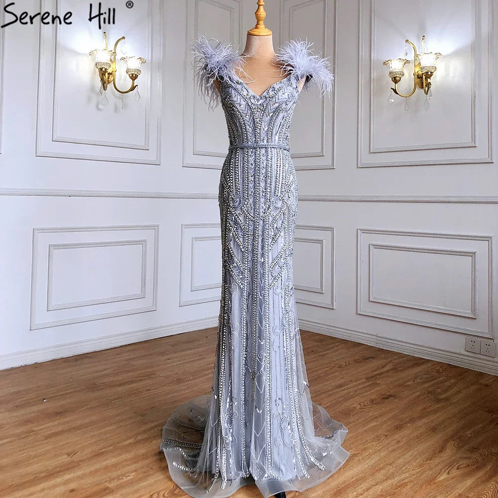 Custom Lilac Feather Beaded Mermaid Evening Dress 2025 Elegant Party Gown Women