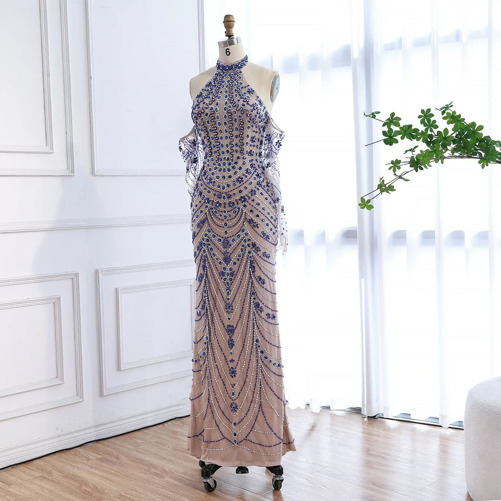 Luxury Kosovo Blue Evening Dress With Gloves LA72760C