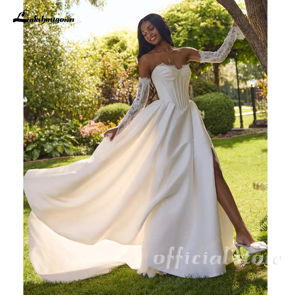 Custom A Line Satin Wedding Dress Off Shoulder Lace Long Sleeve Corset Gown