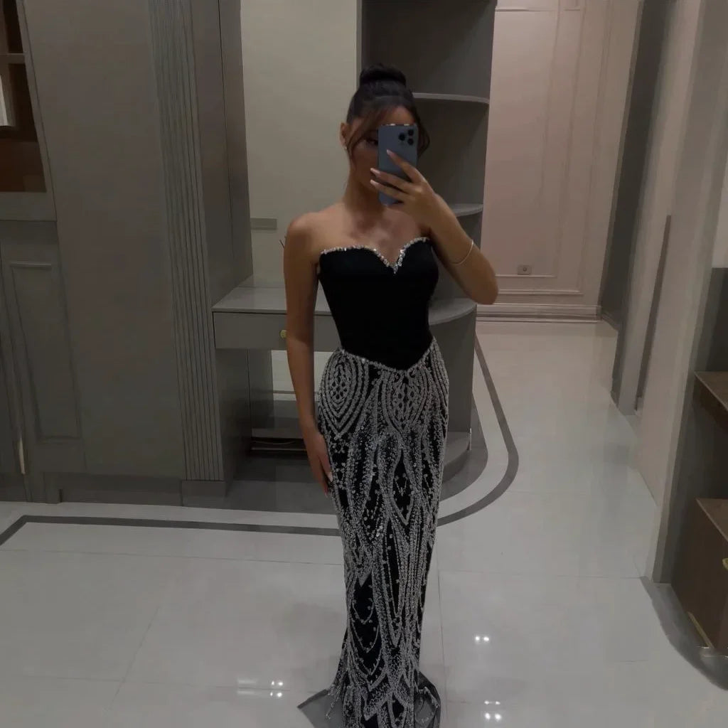 Women Black Mermaid Evening Dress Custom Beaded Luxury Gown
