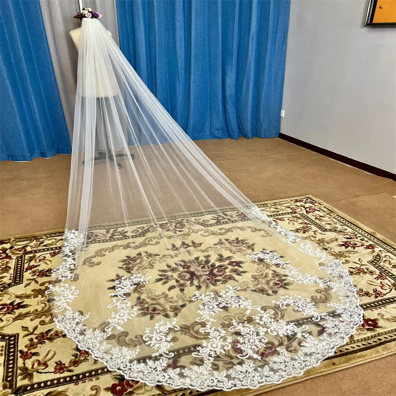 White Ivory Cathedral Bridal Veil With Lace Wedding Applique