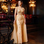 Women Custom Mermaid Evening Dress Beaded Short Sleeve Formal Gown