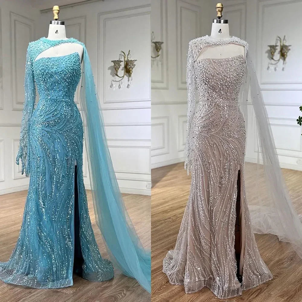 Custom Blue Mermaid Evening Dress Pearl Beaded Formal Gown With Gloves