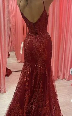 Incantevole abito da sera rosso in tulle e pizzo a sirena Y7854