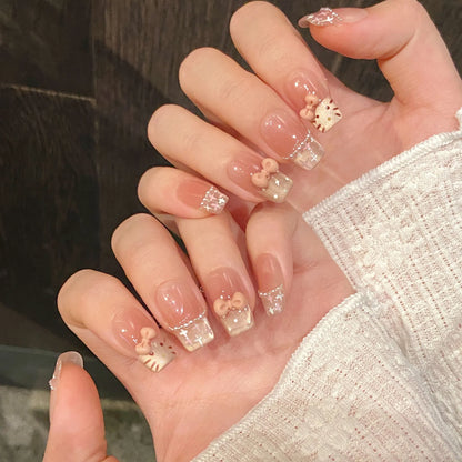 10 uñas postizas cortas de escalera hechas a mano, pintadas a mano, con diseño de gato dulce, color rubor francés y lazos rosas estéreo. 