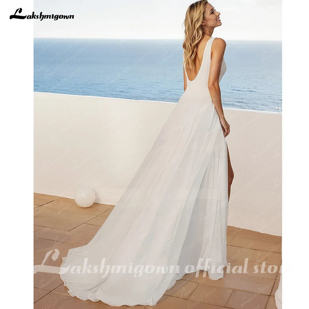 Custom Chiffon A-Line Wedding Dress High Split Open Back Beach Gown 2025