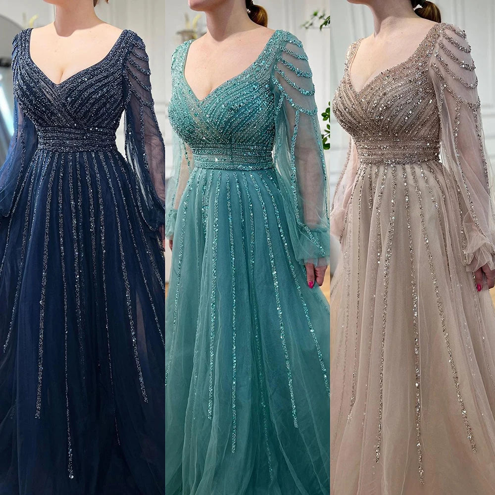 Serene Hill Customized Navy Long Sleeve Beaded Arabic Evening Dress