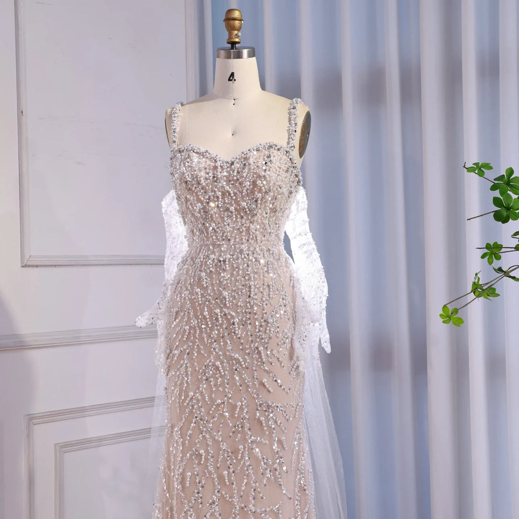 Serene Hill Custom White Mermaid Evening Gown With Pearls And Gloves