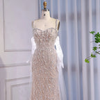 Serene Hill Custom White Mermaid Evening Gown With Pearls And Gloves