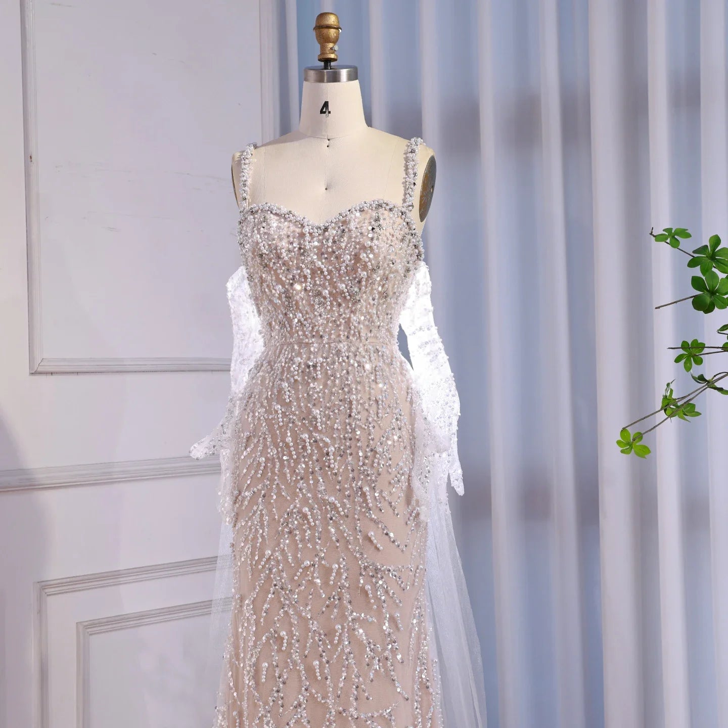 Serene Hill Custom White Mermaid Evening Gown With Pearls And Gloves