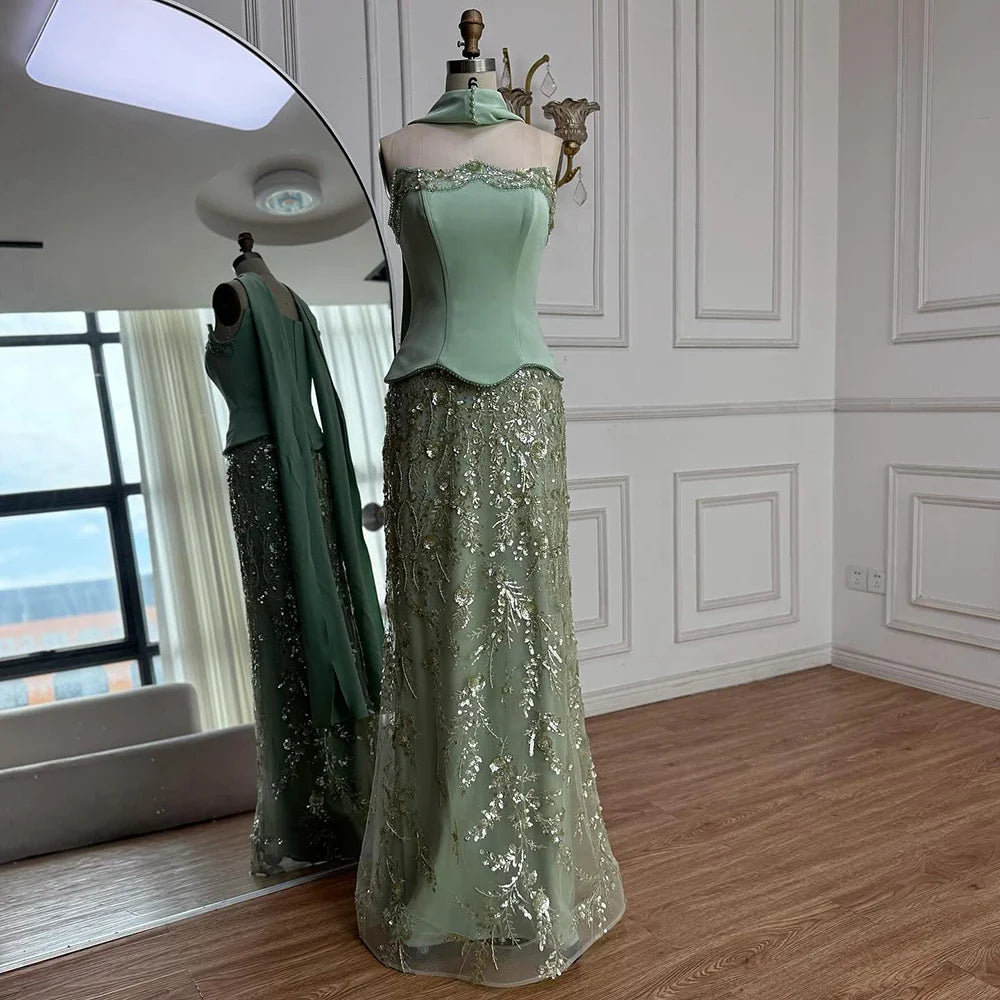 Luxury Sage Green   Beaded Mermaid Evening Dress LA73050C
