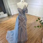 Serene Hill Blue Strapless Mermaid Beaded Custom Evening Gown With Skirt