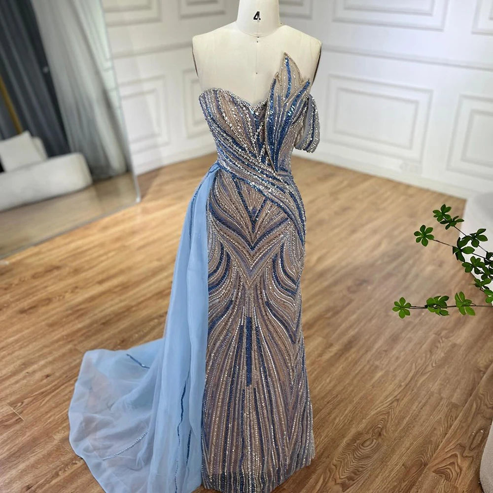 Serene Hill Blue Strapless Mermaid Beaded Custom Evening Gown With Skirt