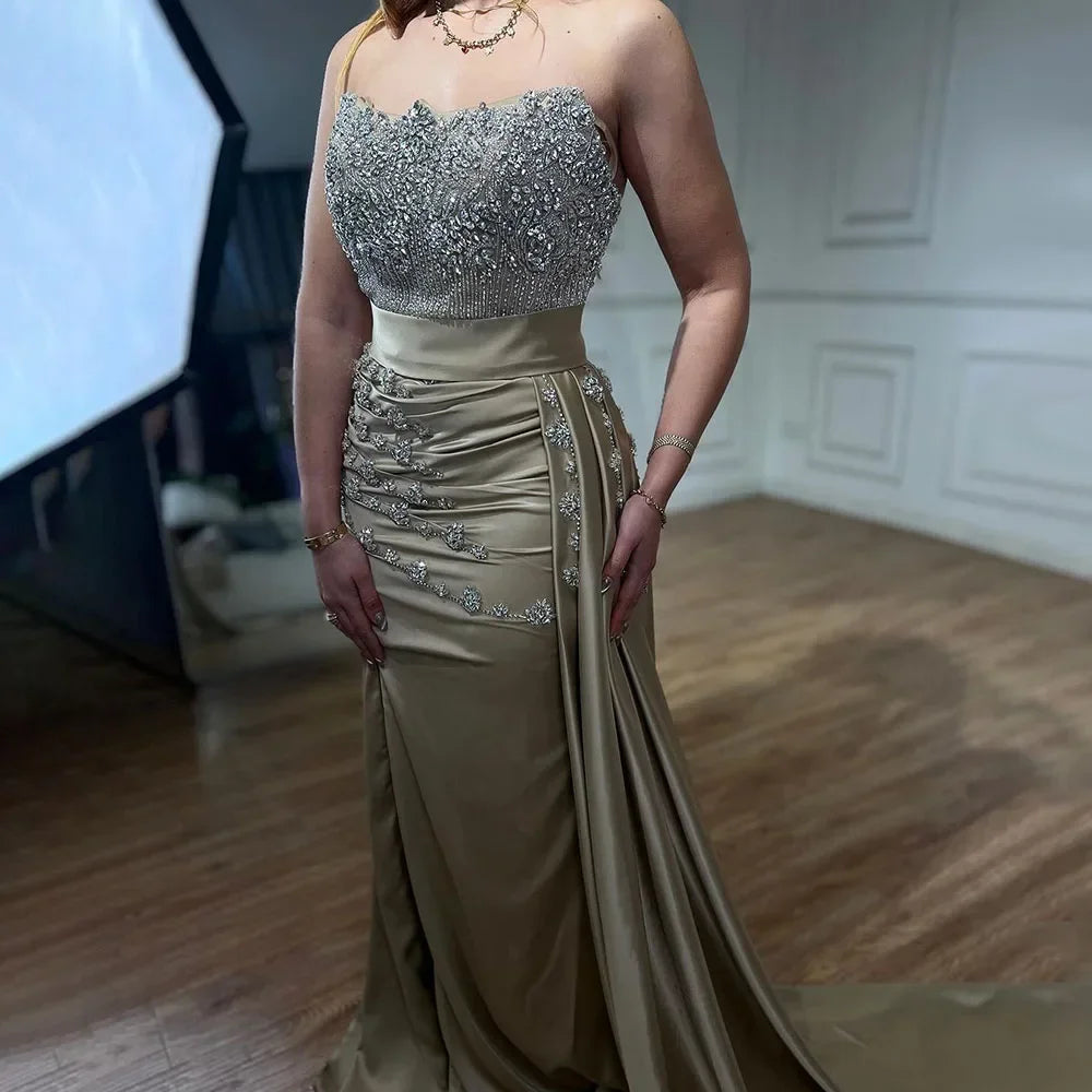 Customized Nude Strapless Mermaid Evening Dress With Beaded High Split Gown