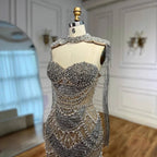 Nude Strapless Mermaid Beaded Pearl Evening Party Dress With Tassel