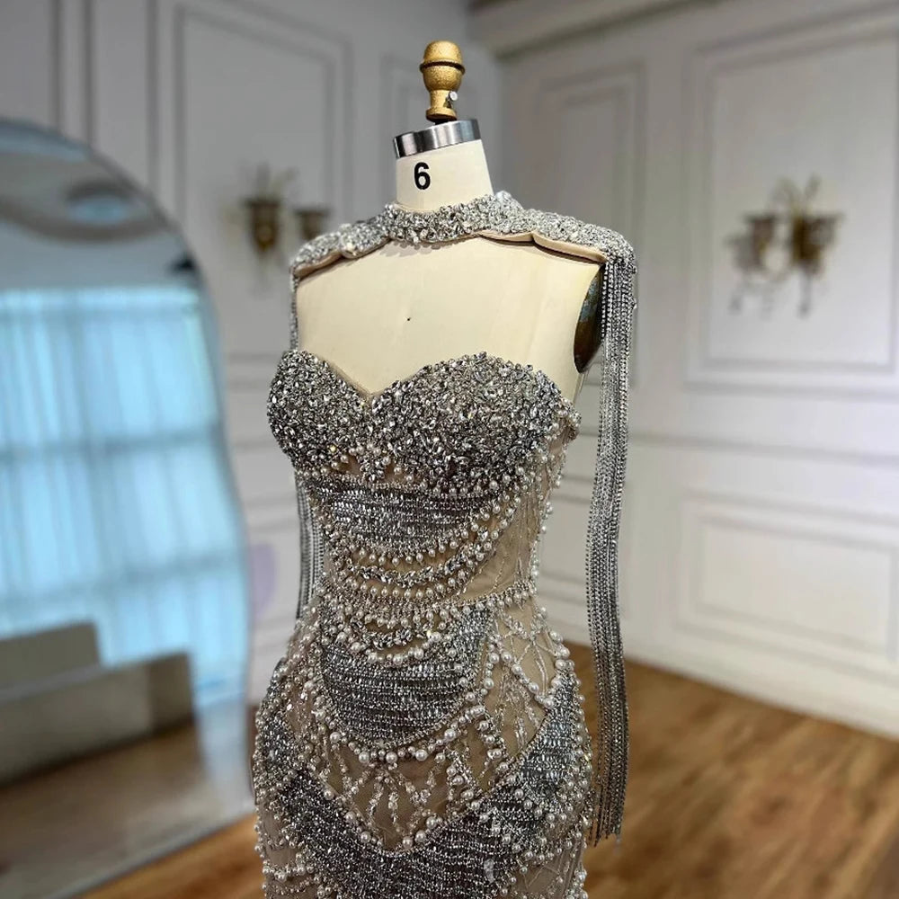 Nude Strapless Mermaid Beaded Pearl Evening Party Dress With Tassel