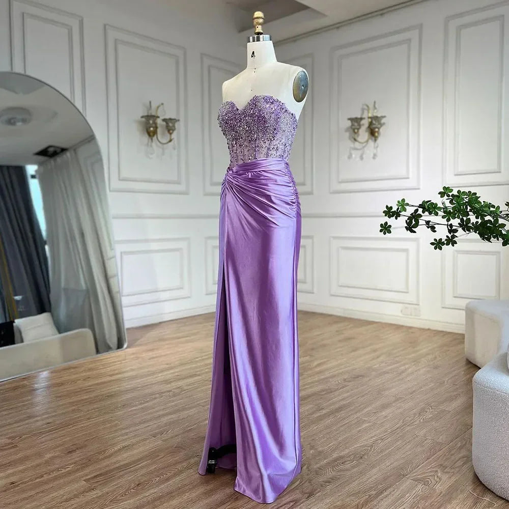 Customized Lilac Satin Strapless Mermaid Evening Dress Beaded Bridesmaid Gown