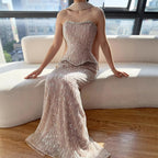 Luxury Beaded Strapless Peplum Evening Gown For Women Formal Wedding Dress