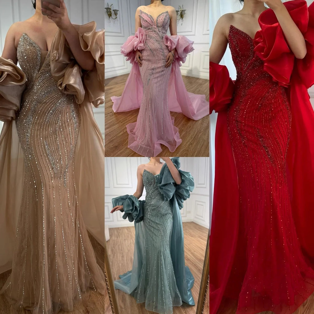 Custom Pink Strapless Mermaid Beaded Evening Gown With Cape