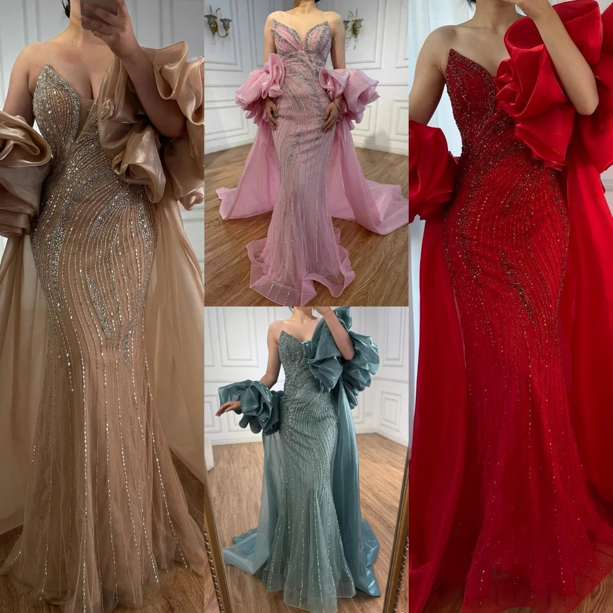 Custom Pink Strapless Mermaid Beaded Evening Gown With Cape