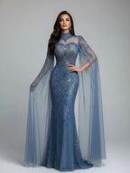 Luxury  Modest Blue Mermaid Evening Dress with Cape LA73006