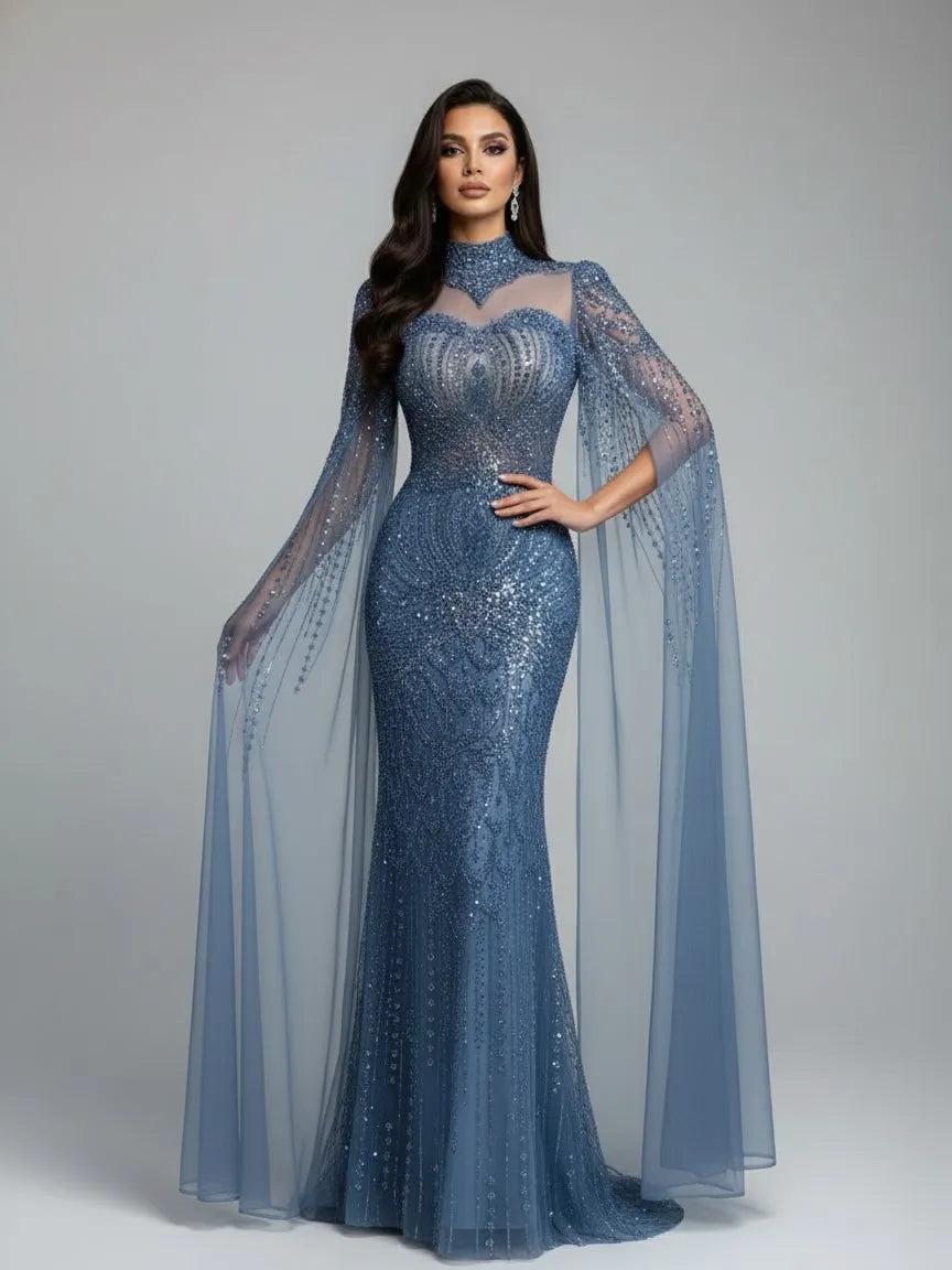 Luxury  Modest Blue Mermaid Evening Dress with Cape LA73006