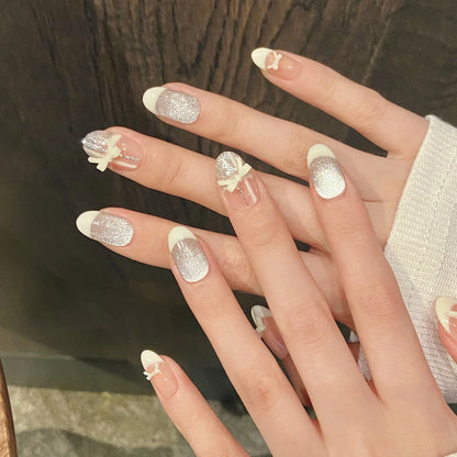 10 uñas postizas hechas a mano estilo ballet con lazos, cinta, crema, puntas francesas, uñas postizas con rubor, brillantes, estilo ojo de gato. 