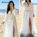 Floral Embroidered Chiffon A Line V Neck Wedding Gown Puff Sleeve Customized
