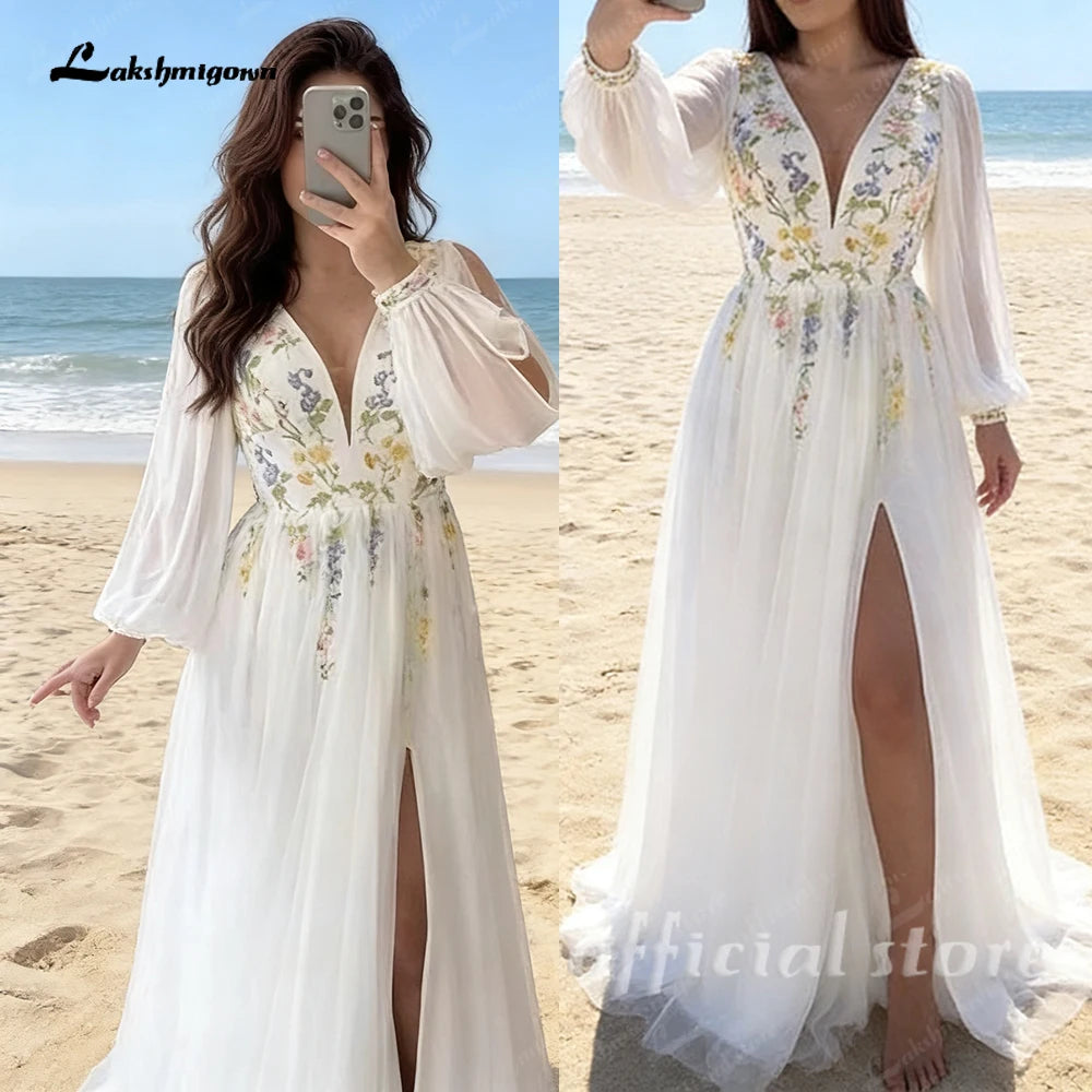 Floral Embroidered Chiffon A Line V Neck Wedding Gown Puff Sleeve Customized