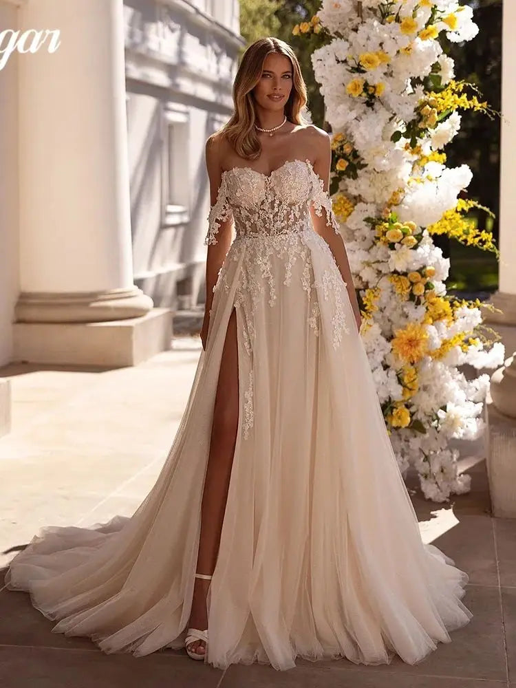 Boho Sweetheart Wedding Dress With Lace Appliques And Corset High Slit