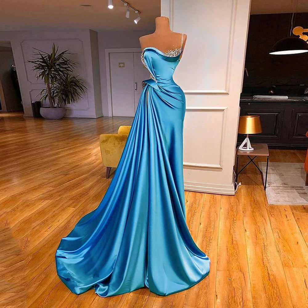 Lilac Evening Dress 2022 Beading One Shoulder Stones Ruched Sweep Train Robe De Soiree Women Pageant Party Gowns