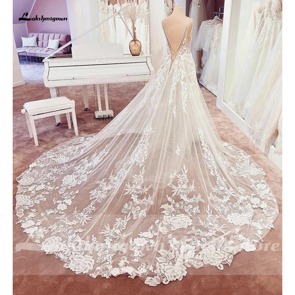 Custom Lace V Neck Wedding Dress Appliqued Court Train Boho Bridal Gown