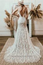 Customized Bohemian Lace Wedding Dress Deep V Neck Mermaid Gown With Shear Train