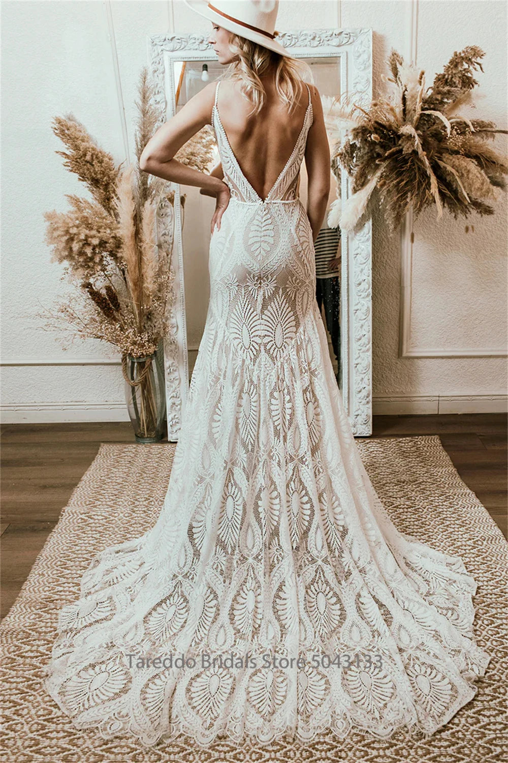 Customized Bohemian Lace Wedding Dress Deep V Neck Mermaid Gown With Shear Train