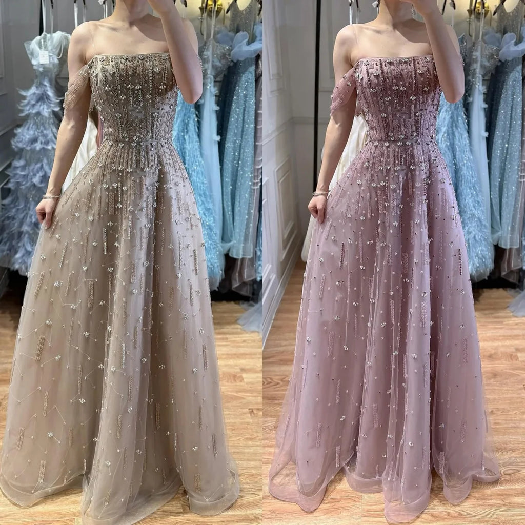 Serene Hill Caramel Beaded Off Shoulder A Line Evening Gown For Prom